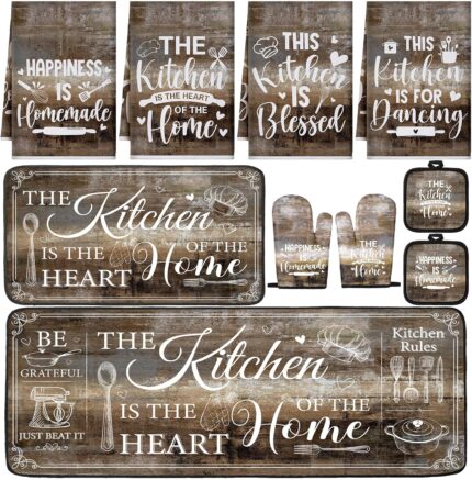A complete 10-piece Fourluoo farmhouse kitchen decor set featuring brown gray towels, rugs, oven mitts, and pot holders.