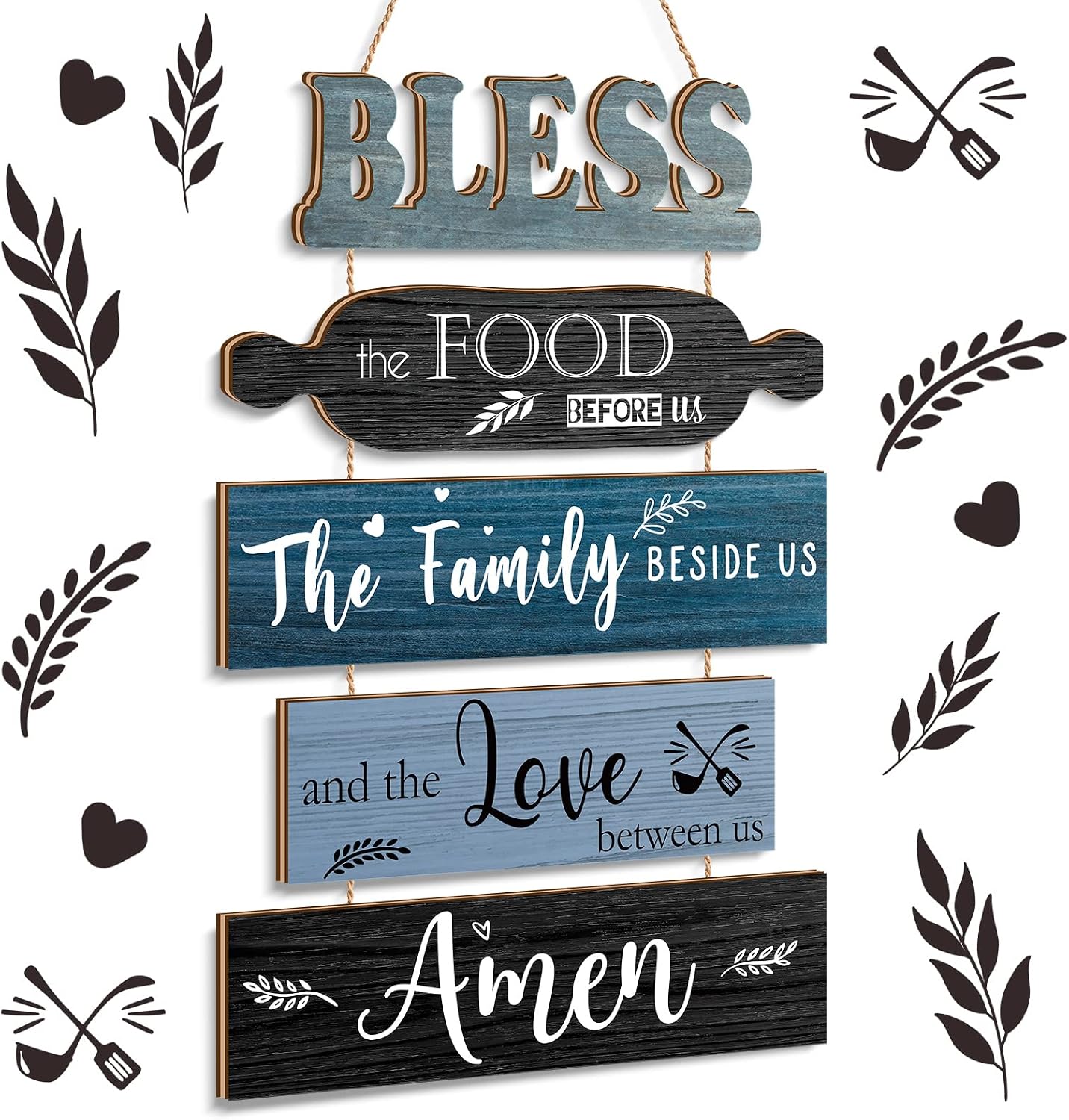 geetery-bless-the-food-before-us-farmhouse-blue-wall-decor-5-piece-wooden-sign-01 A 5-piece Geetery Farmhouse Blue wooden wall decor sign, vertically hung, with the phrase "Bless The Food Before Us".