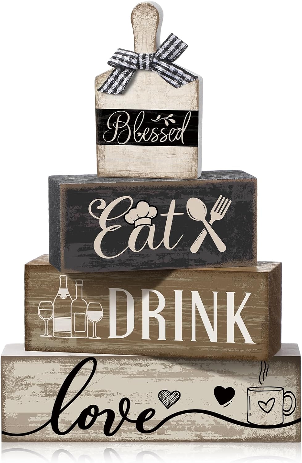 moucuny-4-piece-farmhouse-decor-set-eat-drink-love-rustic-tableware-blocks-01 A set of four Moucuny farmhouse-style wooden decorations, including a plate and three blocks with 'eat', 'drink', 'love' in b